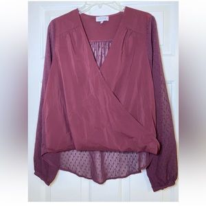 ACOA‎ Solid Burgundy Polyester V-Neck Long Sleeve Blouse Size Medium